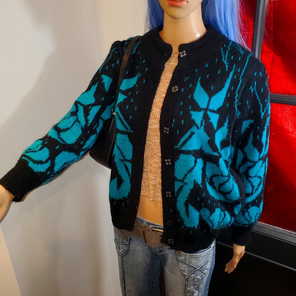 Vintage 80s Black and Teal Patterned Cardigan